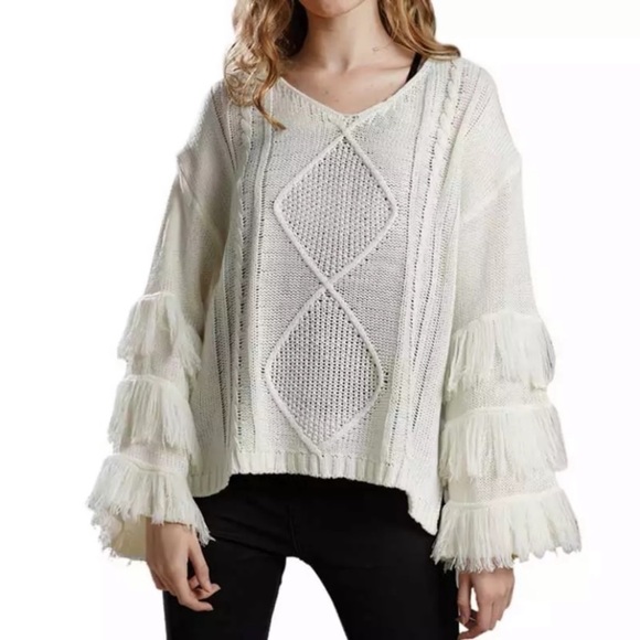 SOLD OUT Cream Knit Fringe Tassel V Neck Boho Sweater - Picture 3 of 3